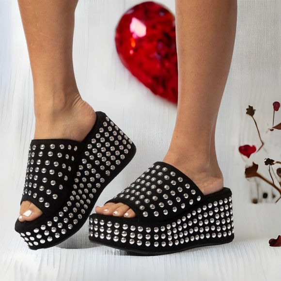 Black Suede Silver Stud Chunky Ultra Platform Wedge Mule Slide In Sandal Heels - Picture 7 of 7